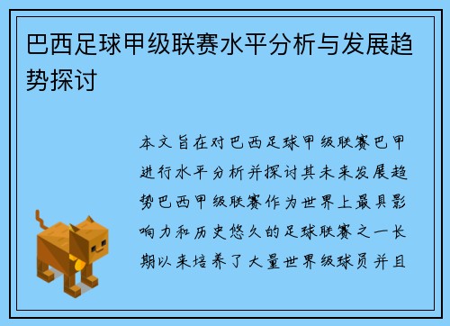 巴西足球甲级联赛水平分析与发展趋势探讨