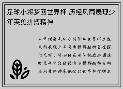 足球小将梦回世界杯 历经风雨展现少年英勇拼搏精神