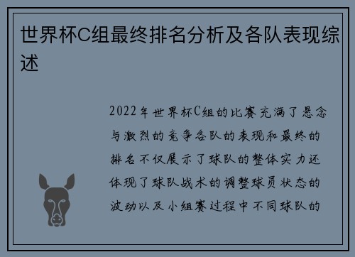 世界杯C组最终排名分析及各队表现综述