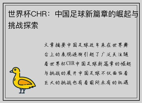 世界杯CHR：中国足球新篇章的崛起与挑战探索