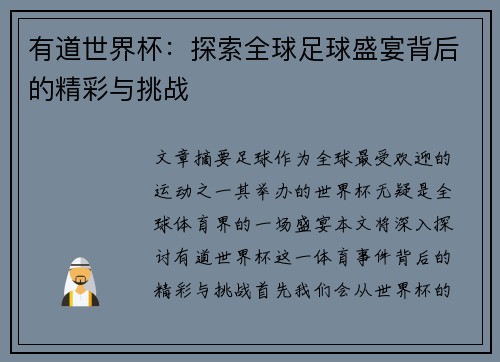 有道世界杯：探索全球足球盛宴背后的精彩与挑战